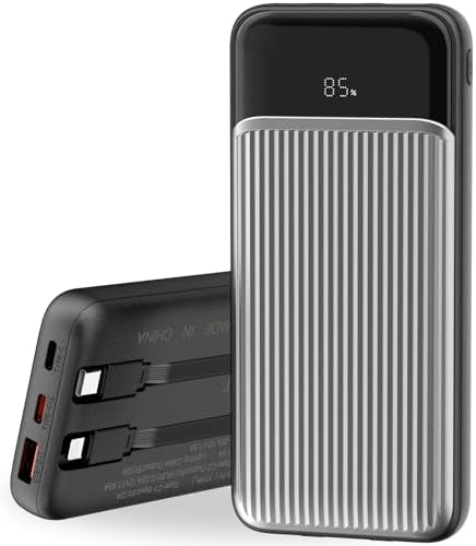 Compact 10,000 m Ah Portable Charger with Built-in Cable and LED Display – High-Speed Power Bank for i Phone, Samsung, i Pad & Android – Four Output Ports for Multi-Device Charging on the Go – Ultimate Travel Companion for Effortless Connectivity and Reliability