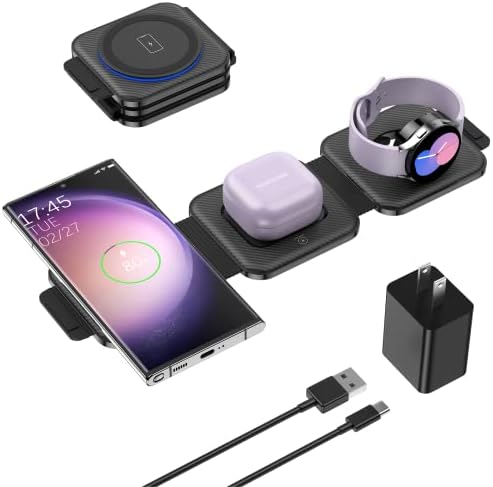 Ultimate Travel Charger for Samsung Devices – 3-in-1 Wireless Charging Station with Foldable Design for Fast Charging Galaxy S Series, Galaxy Watch & Galaxy Buds – Enhanced Portability and Intelligent Safety Features