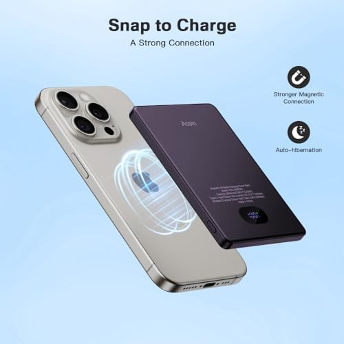 Ultra Slim Magnetic Portable Charger 5000 m Ah for Mag Safe Devices – Wireless Power Bank with 20 W Two-Way USB-C Fast Charging for i Phone 15/14/13/12 Series (Purple) – Perfect Blend of Style and Functionality