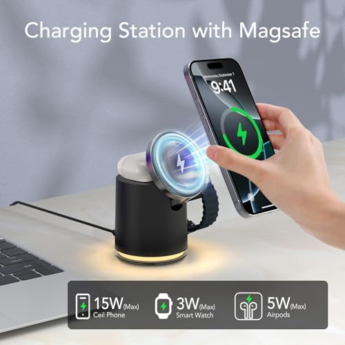 HATALKIN 4-in-1 Wireless Charging Station with Integrated Night Light – Fast Charging Dock for i Phone 12-16 Pro/Max, Apple Watch Series 6-Ultra, Air Pods – Sleek Design for Effortless Device Organization and Ambiance Enhancement