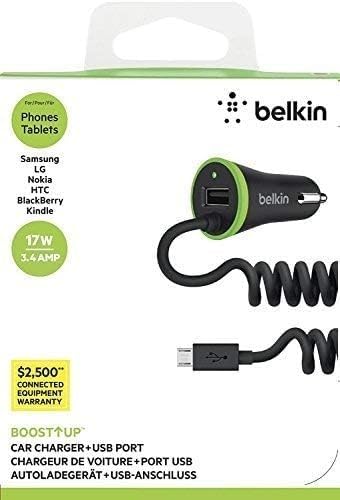 Belkin Boost Up Car Charger 17 W with 4-Foot Coiled Micro USB Cable – Rapid Dual Charging Solution with Advanced Safety Features for Seamless On-the-Go Device Power Management