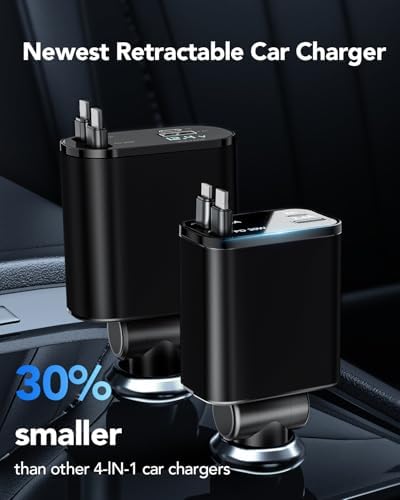 2025 Ultra-Compact 4-in-1 Retractable Car Charger – 69 W Fast Charging Adapter for i Phone 16, Galaxy and More – Innovative Space-Saving Design with Multiple Ports for Simultaneous Device Powering – Essential Car Accessory for Daily Commutes and Road Trips
