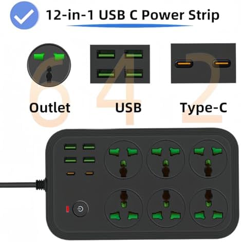 Universal 12-in-1 Power Strip with USB C – All-in-One Travel Extension Cord Featuring 6 Extra-Wide Outlets and 4 Fast-Charging USB Ports, 110-240 V, Max 3000 W, Wall-Mountable Surge Protector for European Journeys and Home Use – Effortless Device Management and Enhanced Safety