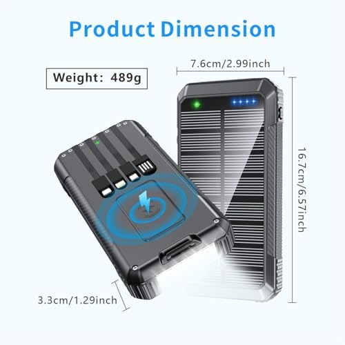High-Capacity 33800 m Ah Solar Power Bank with 4 Built-in Cables – 22.5 W Fast Charging, 7 Outputs & 4 Inputs, Integrated Compass & SOS Features for Outdoor Adventures – Rugged Portable Charger with Strong Flashlight for Emergency Preparedness