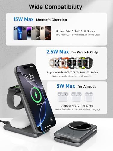 3-in-1 Foldable Mag Safe Wireless Charger for Apple Devices – Ultimate Travel Charging Station for i Phone 16/15/14/13, Air Pods Pro 2, and Apple Watch Series 10/9/8/7 – Enhanced Speed, Magnetic Alignment, and Stylish Design for Seamless Power Solutions