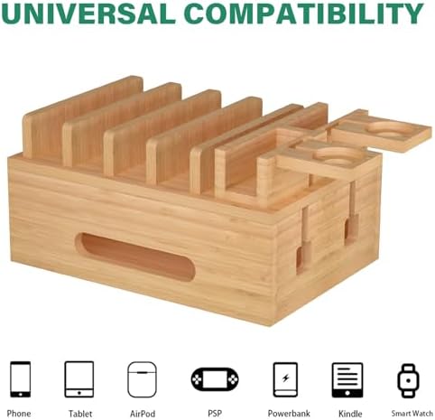 Eco-Friendly Bamboo Charging Station: Multi-Device Docking Organizer with 6 Charging Cables for Phones, Tablets, Earbuds, and Smartwatches – Sleek, Durable Design for Home & Office Efficiency