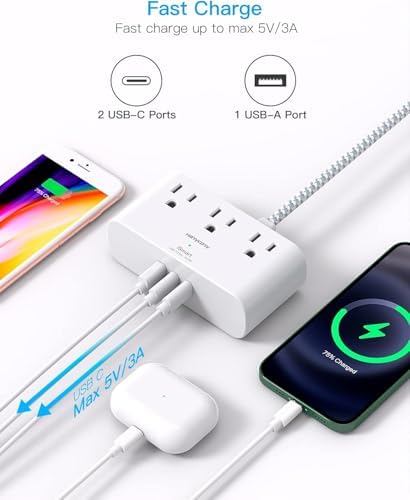 HANYCONY Ultra Thin Flat Plug Power Strip – 6 Ft Extension Cord with 3 Outlets & 3 USB Ports (2 USB-C) for Travel, Dorms & Cruise Ships – Space-Saving Multi Plug Outlet Extender for Fast Charging & Enhanced Device Compatibility