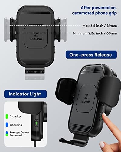 Zee Hoo 15 W Fast Wireless Car Charger with Auto-Clamping Phone Holder – Effortless One-Handed Operation for i Phone 15/14/13/12/11 Pro Max, Qi-Enabled Charging Mount in Sleek Black for Optimal Driving Convenience and Seamless Integration