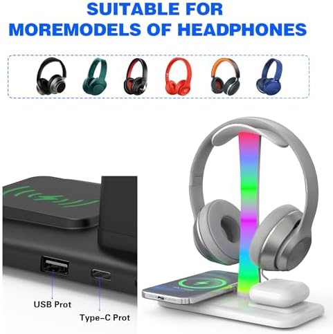 Multifunctional 5 in 1 Headphone Stand & 15 W Fast Wireless Charging Station – Sleek Organizer for i Phone 15/14/13/12/11/XS/XR/X & Air Pods 3/2/Pro/2 – Optimal Desk Solution for Gamers and Professionals – Durable, Clutter-Free Design in Elegant White