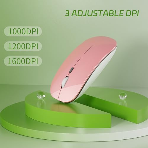 Uciefy Q5 Slim Rose Gold Wireless Mouse – Portable Optical Rechargeable Design with Silent Click, USB Receiver & Type C Adapter for Effortless PC, Laptop & Desktop Compatibility – Elevate Your Workspace with Style & Precision