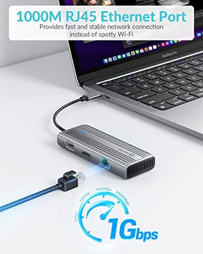 Maximize Your Productivity with the PHIXERO 8-in-1 USB C Adapter: High-Speed 5 Gbps USB 3.0 Hub, 4 K@60 Hz HDMI Output, 1 Gbps Ethernet, 100 W PD Charging, SD/TF Card Reader – Perfect for Mac Book Pro, Air, Surface & More in Sleek Gray Design