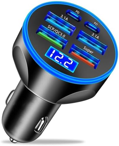 Ultra-Fast 250 W USB-C Car Charger Adapter with Voltage Display – 6-in-1 Multi-Port Solution for i Phone, Samsung Galaxy, Huawei, One Plus, Oppo, and Vivo – Efficient Charging on the Go for Tech-Savvy Drivers