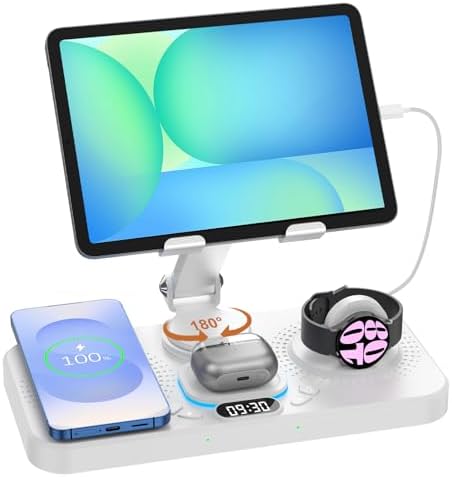 30 W Magnetic Wireless Charging Station with 12-Hour Clock & 7 Color Ambient Light for Samsung Devices – Fast Charging Hub for Galaxy Tab, Galaxy S25 Ultra, Samsung Watch 7, and Galaxy Buds3 Pro – Portable, Foldable Design with Adjustable Tablet Stand for Travel – Comprehensive Safety Features for Optimal Performance