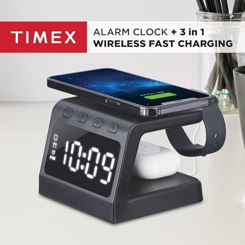 Timex Wireless Charging Alarm Clock with Apple Watch Mount – Fast Charging Station for i Phone and Air Pods – Sleek Black Design for Effortless Bedside Organization and Stylish Functionality