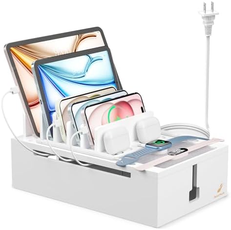 Pezin & Hulin Eco-Friendly Bamboo Charging Hub: 10-Port USB Dock Organizer with 6 Cables & Integrated Cable Management for Multi-Device Charging – Ideal for Smartphones, Tablets, and More