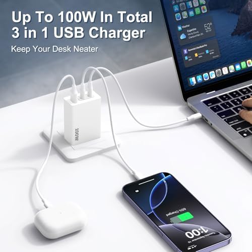 Ultra-Fast 100 W USB-C Charger with 3 Ports – Compact Ga N Wall Charger for i Phone 16/15, Mac Book Pro/Air, i Pad Pro, Google Pixelbook & Galaxy S25/S24/S23 – Unmatched Speed & Universal Compatibility for All Your Devices