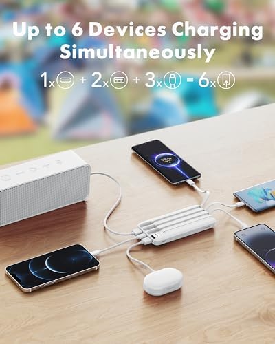 Charmast 20000 m Ah Travel Power Bank with 4 Integrated Charging Cables and 6 Output Ports, 20 W Fast Charging External Battery Pack for i Phone 16/15/14, Android Devices, i Pads, and Tablets – Ultimate On-the-Go Charging Solution for Seamless Connectivity and Reliability