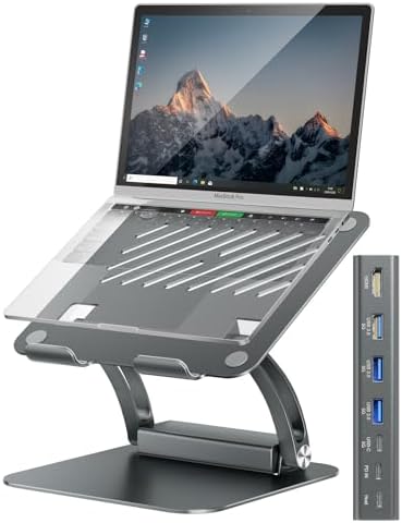 Transform Your Workspace with the Tounee Ergonomic Laptop Stand & USB-C Hub – Fast 100 W Charging, 4 K@60 Hz HDMI Output, 3 USB Ports for Effortless Device Connectivity – Ideal for 10-17″ Laptops & Mac Book in Stylish Gray Finish