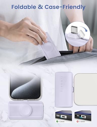 RORRY Ultra-Compact 5000 m Ah Power Bank for i Phone 15 & 16 – Foldable USB-C Fast Charger with 15 W Output, Sleek Black Design for Apple Devices and Apple Watch, Perfect for On-the-Go Power Needs