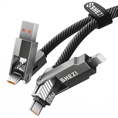SHEZI Premium 4-in-1 5 FT USB-C Lightning Cable – Versatile Multi-Device Charging Solution with Fast Charging Capability, Durable Nylon Braided Design, and Enhanced Compatibility for i Phone, i Pad, and USB-C Devices – Stylish Grey Finish for Modern Tech Users