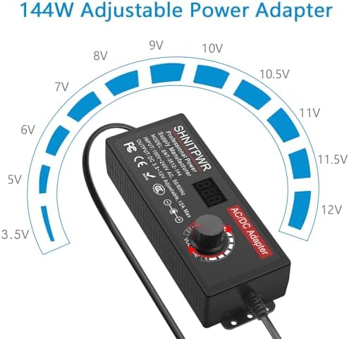 SHNITPWR 120 W Adjustable AC to DC Power Supply – 10 A Universal Voltage Adapter with 14 Interchangeable Tips for Enhanced Device Compatibility (4 V to 12 V) – Optimal Power Solution for Electronics, DIY Projects, and Gadgets