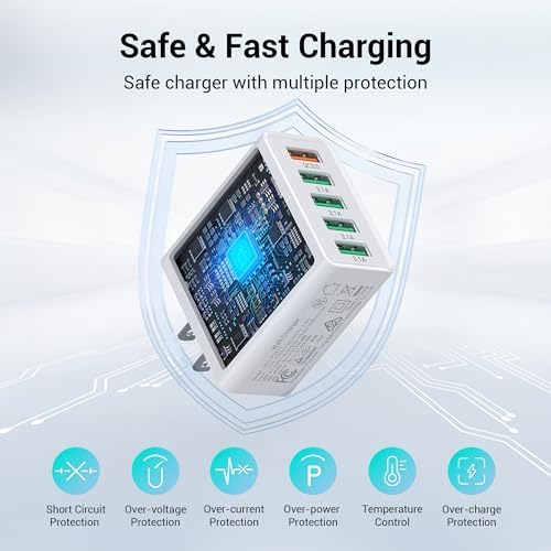 50 W Multiport USB Wall Charger Block – Dual Pack 5-Port Fast Charging Adapter with QC 3.0 Technology for i Phone 16/15/14 Pro Max, i Pad, Galaxy, Android – Compact & Safe Power Solution for Multi-Device Convenience