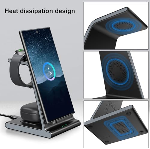 Ultra-Fast 3-in-1 Wireless Charging Dock for Samsung Galaxy Devices – Sleek Space-Saving Charger for Galaxy S25 Ultra, S24, S23, Note 20, Z Flip 6 & Fold 6 – Efficient Power Station for Galaxy Watch Ultra/7/6/5 & Galaxy Buds Pro with Overheat Protection and Modern Design for Home or Office