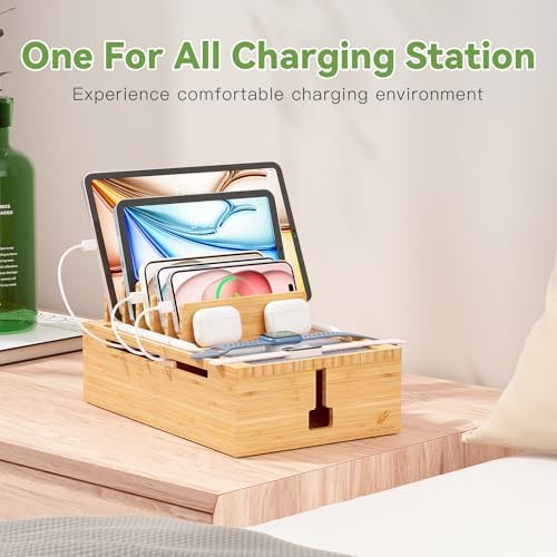 Pezin & Hulin Eco-Friendly Bamboo Charging Station – 10-Port USB Dock Organizer with 6 Cables, Enhanced Power Supply & Cable Management for Multi-Device Charging, Sleek Natural and Black Design for Homes and Offices