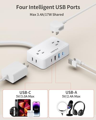 Ultra Slim 6 Ft Flat Plug Extension Cord – Travel-Friendly Power Strip with 4 Wide-Spaced AC Outlets & 4 USB Ports (2 USB-C) for Fast Charging – Ideal for Cruise Ships, Home & Office Use, No Surge Protection Required