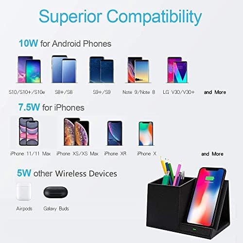 COSOOS Premium Fast Wireless Charger & Desk Organizer – Streamlined Charging Station for i Phone 15/15 Pro/15 Pro Max/14/13/12/11/XS/8 Plus & Samsung Galaxy S21/S20+/S10/Note 10/Note 9 (AC Adapter Not Included) – Ultimate Workspace Efficiency & Speed Enhancement Elevate your charging experience with the COSOOS Premium Fast Wireless Charger, expertly crafted to streamline your workspace while ensuring rapid power delivery to a wide range of smartphones. This innovative charging station is perfect for tech-savvy individuals seeking a blend of functionality and style, accommodating i Phone models 8 Plus through 15 Pro Max and popular Samsung Galaxy variants. Designed with an integrated desk organizer, this sleek charger keeps your essential items like pens and notes within reach, promoting a tidy and efficient workspace. Its compact dimensions fit effortlessly on any desk, providing a clutter-free aesthetic. While the AC adapter is not included, this charger performs optimally with your existing accessories, making it a versatile addition to your setup. Built from high-quality materials for durability and easy maintenance, the COSOOS Fast Wireless Charger enhances productivity and elevates your workspace aesthetics, ensuring you’re always ready to power up without the hassle of tangled cords.