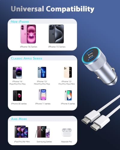 Fast Charge Dual USB-C Car Charger for i Phone 16/16 Pro Max/15 with Braided Nylon Cable – High-Speed PD3.0 Adapter for Convenient On-the-Go Charging – Durable, Compact Design for i Pad Compatibility – Tangle-Free Solution for Everyday Use – Essential Road Trip Companion