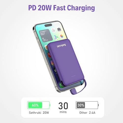 Ultra-Slim 20 W Fast Charging Power Bank with Built-in USB C Cable – 6000 m Ah Lightweight Portable Charger for i Phone 16, 15, Samsung & Android Devices – Essential Travel Battery Pack for On-the-Go Power Needs