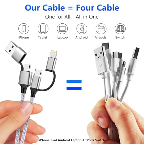 Ultimate 20 FT 4-in-1 i Phone Charger Cable – MFi Certified Lightning Fast Charging for i Phone 16/15/14/13/12 & Android Devices, 60 W USB C Power Delivery, Durable Tangle-Free Design for Enhanced Compatibility & Convenience