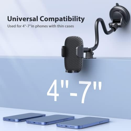 Qifutan Premium Anti-Shake Car Phone Holder with Long Arm Design – Universal Dashboard & Windshield Mount for All Smartphones, Enhanced Stability & Safety for Hands-Free Driving, Black