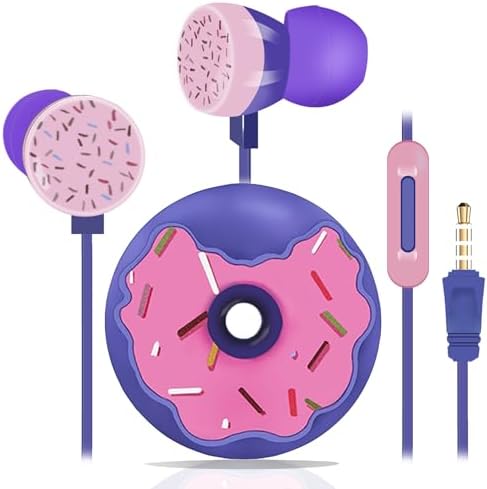 Vibrant Purple Donut Kids Earbuds – Comfortable In-Ear Headphones with Built-In Microphone and Storage Case for School Use – Perfect Wired Earphones for Learning, Play, and Active Lifestyles – Enhanced Compatibility with Multiple Devices