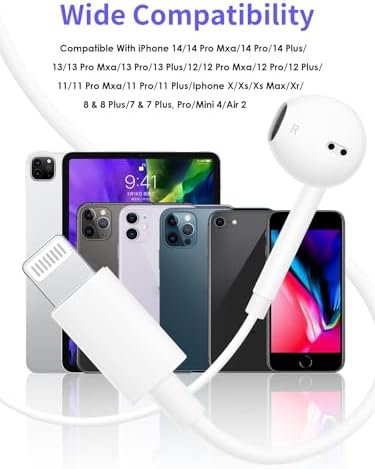 Premium Lightning Connector Earbuds for i Phone – Superior Sound & Hands-Free Calling with In-Line Mic & Volume Control – Officially Certified for i Phone 14/13/12/SE/11/XR/XS/X/7/7 Plus/8/8 Plus – Lightweight Design for Effortless Portability and Audio Management