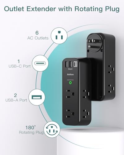 Ultimate Surge Protector and Outlet Extender with 6 AC Ports and 3 USB Charging Options (1 USB-C) – Smart Rotating Power Strip for Home, Office, and Travel – 1800 Joules Surge Defense, ETL Certified for Enhanced Device Protection and Efficiency
