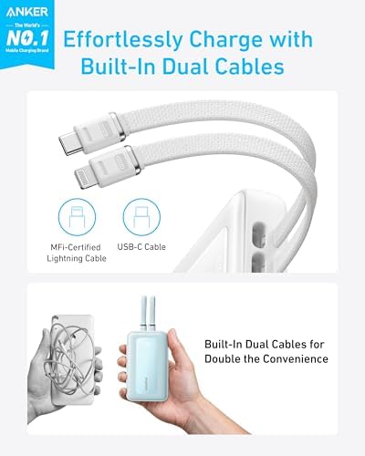 Anker Zolo 10,000 m Ah Fast Charging Power Bank – Ultimate Portable Charger with Built-in USB-C & MFi Certified Lightning Cables, 30 W Max Output for i Phone 16/15 Series, Mac Book, Galaxy – Lightweight Dual-Port Battery Pack for On-the-Go Charging