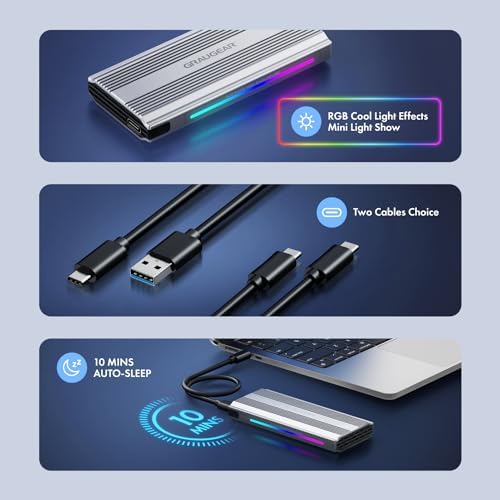 GRAUGEAR RGB M.2 SSD Enclosure – Ultra-Fast 10 Gbps USB3.2 Gen2 Tool-Free Aluminum External NVMe Drive Case for PCIe M-Key & B+M Key SSDs – Stylish High-Speed USB-C Storage Solution with Customizable Lighting for Gamers and Creators