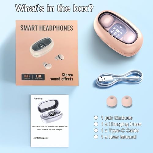 Rehoria Mini Sleep Headphones for Side Sleepers – Ultra-Lightweight Comfort Earbuds with Fast Charging Case for Premium Audio Experience – Ideal for Meditation and Relaxation in Light Coffee Finish