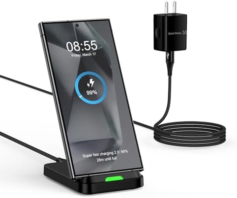 Samsung S25 Ultra Fast Wireless Charger Stand – 18 W QC 3.0 Compatible Dock for Galaxy S25, S24, Z Fold 6, Flip 6, S20 & More – Sleek Design with Optimal Viewing Angle for Efficient Charging and Enhanced Safety Features
