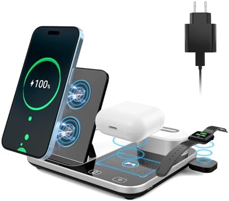 4-in-1 Wireless Charging Station with Ambient Light – Fast Qi-Compatible Charger for i Phone 15, 14, 13, 12, 11 Pro Max, XR, XS, Perfect Foldable Charging Stand for Apple Devices and Travel Convenience