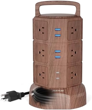 JACKYLED Power Strip Tower Surge Protector with 12 Outlets and 6 USB Ports (2 USB-C) – High-Speed Charging Station with 1050 Joules Protection, 1625 Watts, 6.5 ft Extension Cord for Enhanced Home Office Efficiency and Device Safety