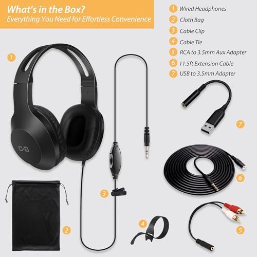 Maximize Your Audio Experience with 20 Ft Extended Wired Headphones – Perfect for TV & PC Use with Over-Ear Comfort, User-Friendly Integrated Volume Control, and Compatible with 3.5 mm Aux, USB & RCA – A Must-Have for Seniors and Audiophiles Seeking Unmatched Sound Quality and Freedom of Movement
