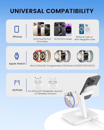 Ultimate 3-in-1 Foldable Wireless Charging Station for i Phone, Apple Watch, and Air Pods – Fast Magnetic Charger Stand with Enhanced Compatibility for i Phone 16-12, Apple Watch Series 9-2, Air Pods Pro & More – Stylish and Portable Power Solution for Home and Travel