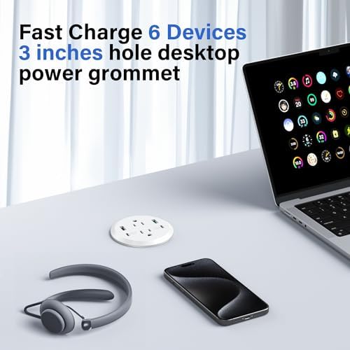 Revolutionize Your Workspace with the Elite Desktop Power Grommet: 40 W Fast Charging Hub Featuring 2 PD 20 W USB-C Ports, Dual AC Outlets, 4 USB Ports, and 6 ft Cord for Optimal Flexibility – Sleek Recessed Design for a Clutter-Free Desk Environment