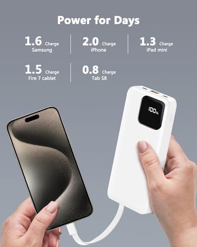 Compact 10,000 m Ah Power Bank with Built-in Cables and 22.5 W Fast Charging – Essential Travel Charger for i Phone, i Pad, Samsung, Google Pixel, LG & More – LED Battery Status Display – Ultimate On-the-Go Charging Solution