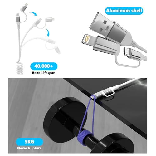 Coiled USB to USB-C and Lightning Cable 2-in-1 – MFi Certified for Apple Car Play & Android Auto, 3 A Fast Charging & Data Sync, Compact Short Cable for i Phone 16/15/14/13/12 & Galaxy – Superior Versatility & Durability in White
