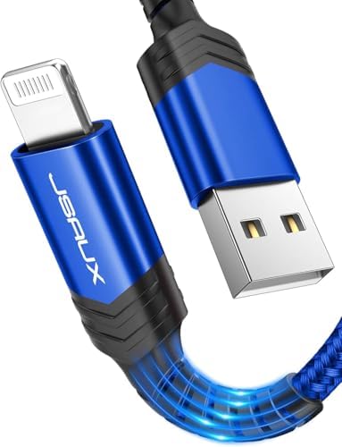 JSAUX 6 ft MFi Certified Lightning Cable for i Phone & i Pad – Durable Nylon Braided Fast Charging Cord, Compatible with i Phone 14/13/12/11/Xs Max/XR/8/7/6 s/6 Plus/SE – High-Speed Data Transfer in Stylish Blue Finish