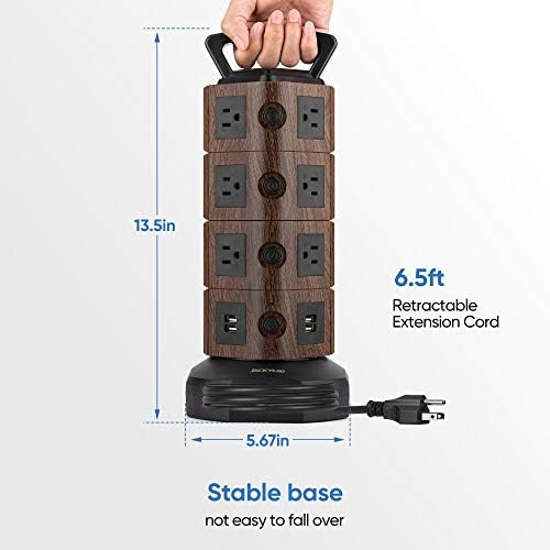 JACKYLED Power Strip Tower Surge Protector with 12 Outlets and 6 USB Ports (2 USB-C) – High-Speed Charging Station with 1050 Joules Protection, 1625 Watts, 6.5 ft Extension Cord for Enhanced Home Office Efficiency and Device Safety